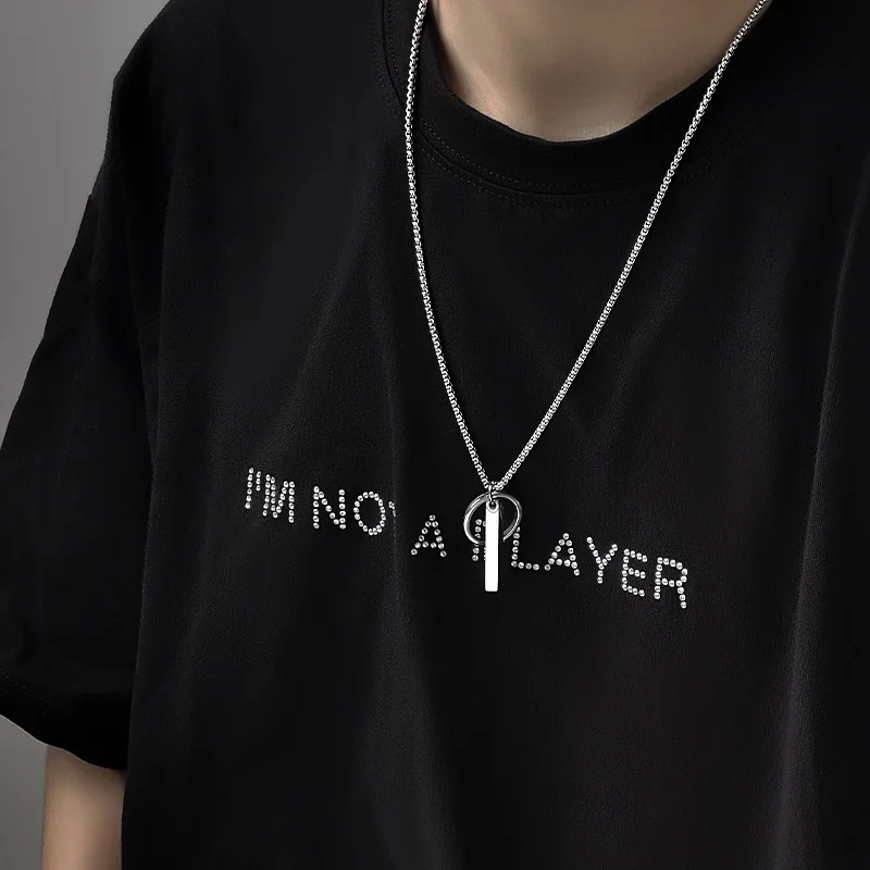 New Geometric Round Hoop Cuboid Pendant Necklace for Women Men Stainless Steel Sweater Chains Hip Hop Neck Chain Pendant Jewelry