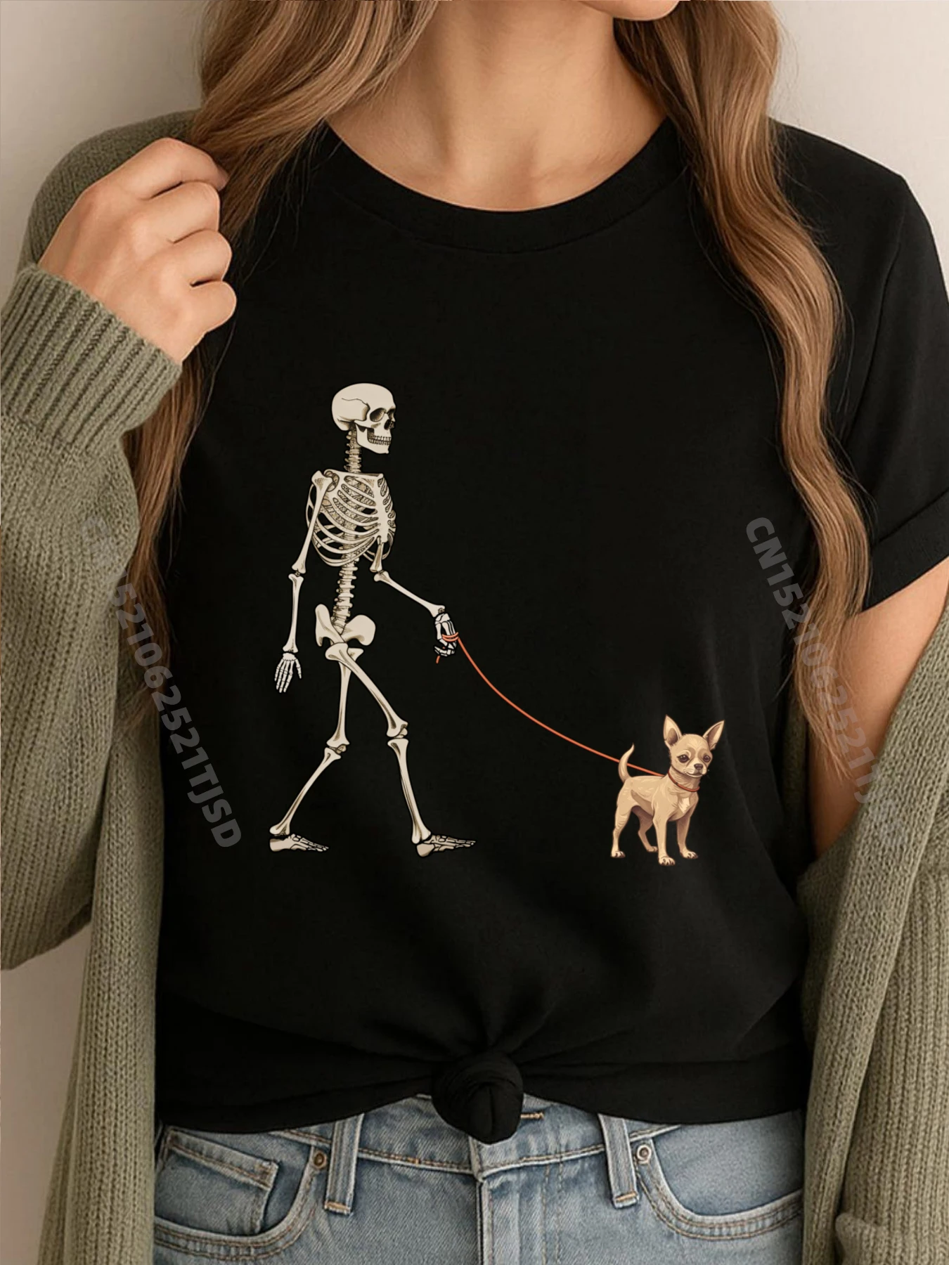 

Забавные футболки со скелетом чихуахуа, собака на Хэллоуин, большие и высокие футболки, классическая уличная одежда для женщин