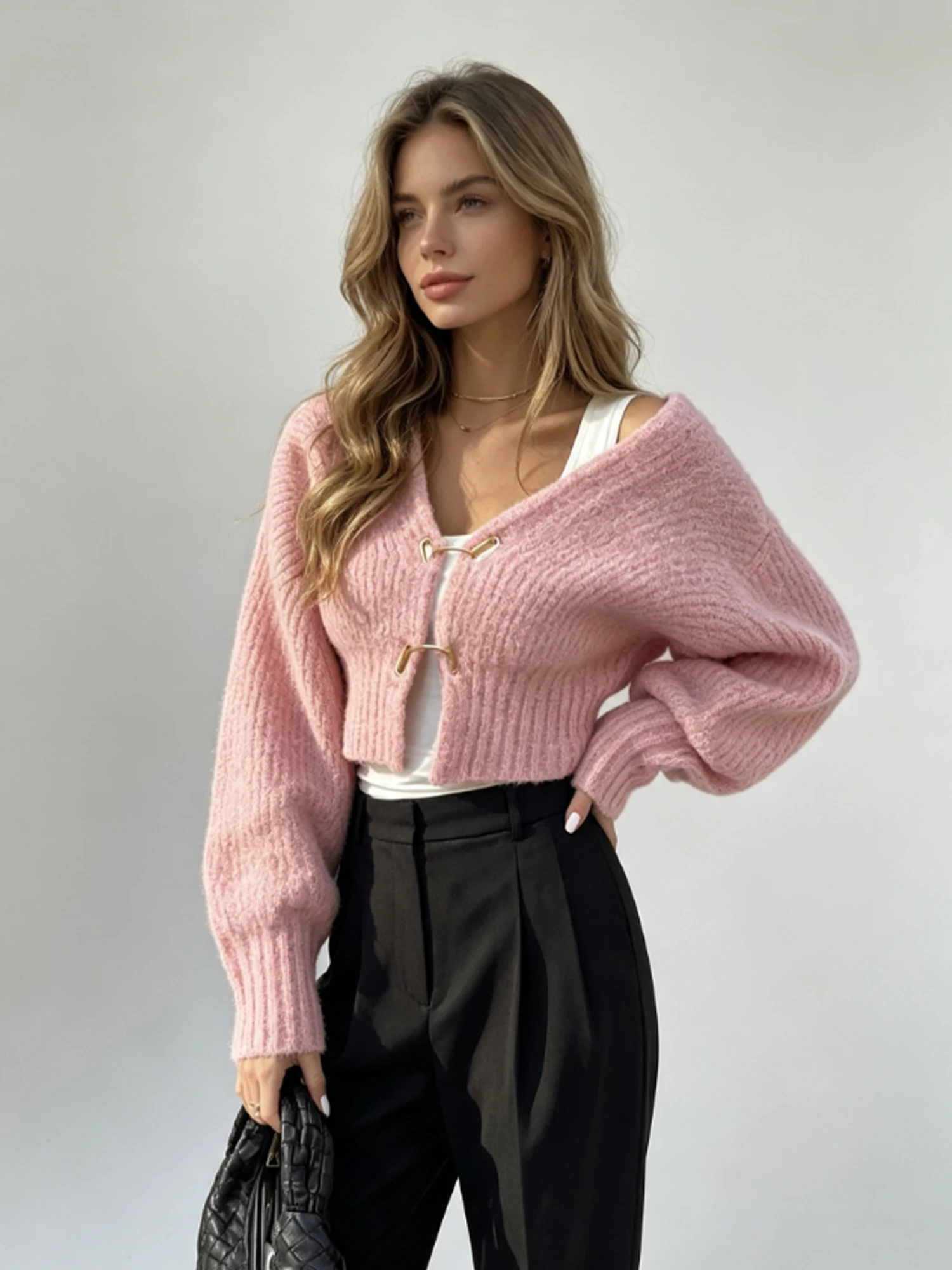Women's Pink V-Neck Cardigan Sweater Y2k Gyaru Vintage Long Sleeve Knitwear Sweater Korean Style Cropped Knit Coat Autumn 2026