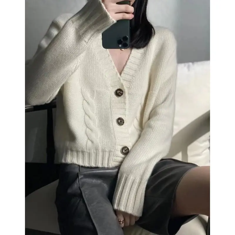 

Autumn and Winter V-neck Short Style Loose Thicken Sweater Women Cardigan Y2k Knitting Mahua Solid Color Versatile Tops Cropped