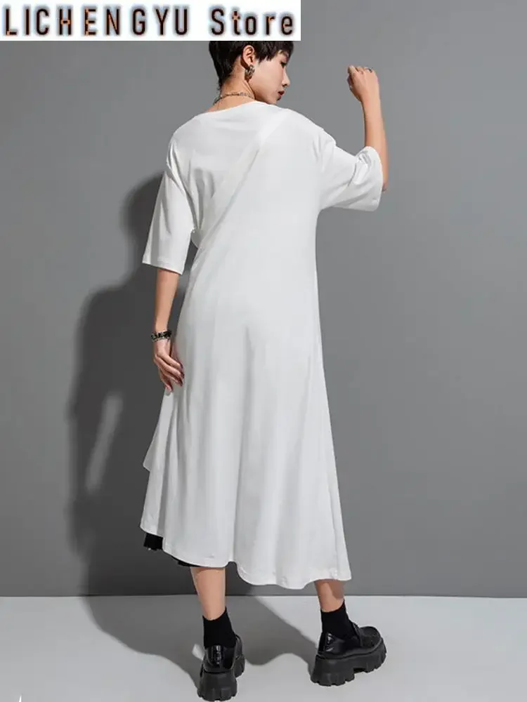 

Женская длинная футболка с асимметричным подолом, белая футболка большого размера с круглым вырезом и коротким рукавом, весна-лето