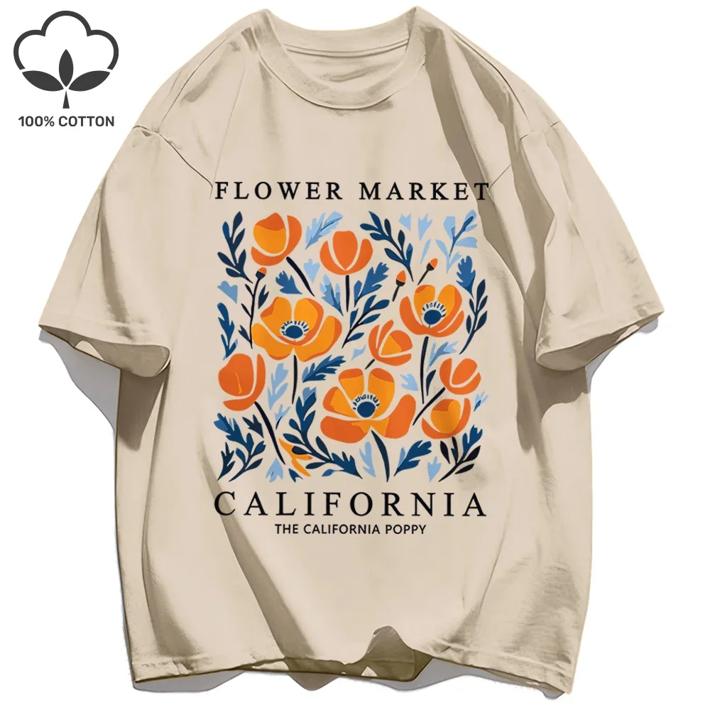 Plus size camiseta feminina flores mercado califórnia gráfico camiseta de algodão manga curta camisa o-pescoço casual t camisa esportes feminino topo