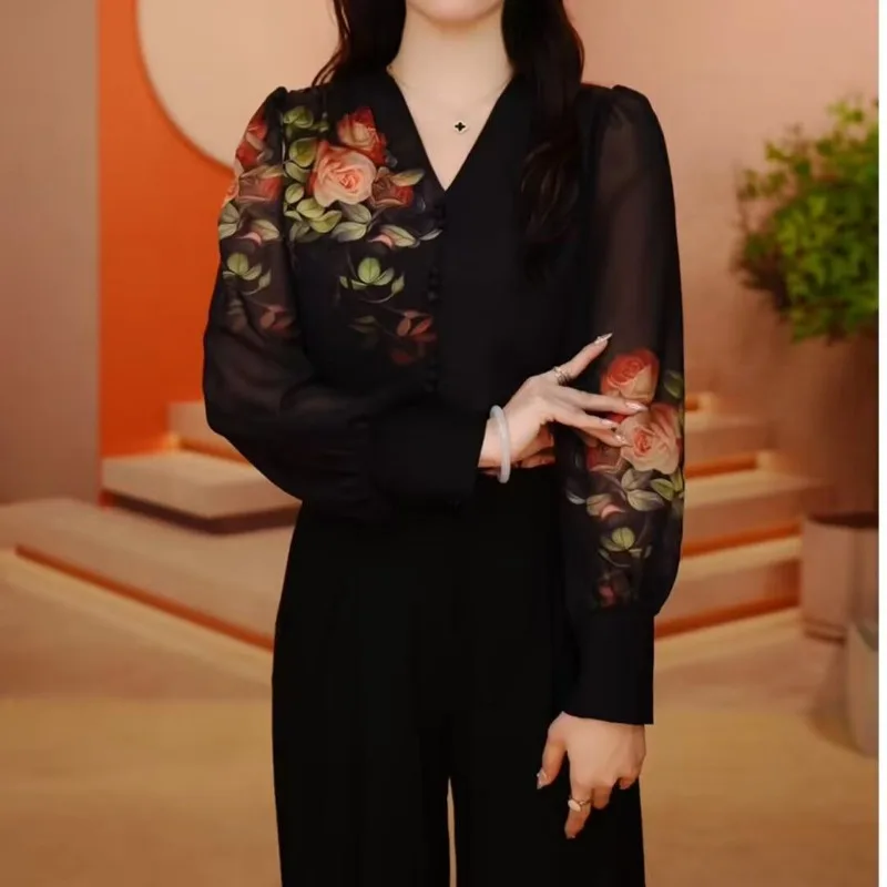 Spring Autumn Women Stylish Flower Print Chic Blouses Office Lady Elegant Commute Chiffon Shirts V Neck Long Sleeve Loose Tops