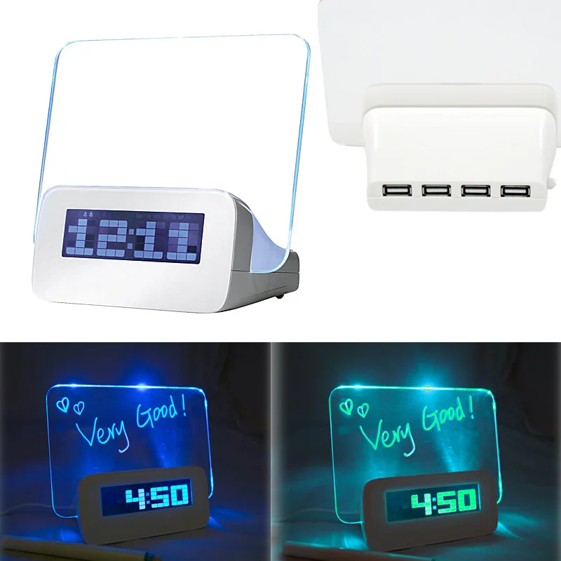 Fluorescent Message Board Digital Alarm Clock LCD Electronic Personality Bedside Luminous Creative Clock Large Screen 4 USB Hub