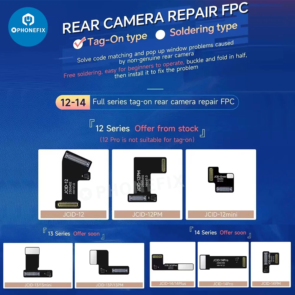 JCID Tag-On kamera tanpa solder, perbaikan FPC Flex untuk iPhone 12-15 Pro Max kabel perbaikan kamera tanpa solder perbaikan masalah Pop-up