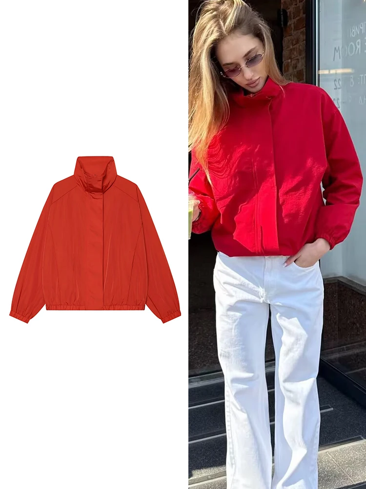 New Red Stand Up Collar Casual Jacket For Women Fashion Spring Autumn Loose Casual Thin Long Sleeve Short Jacket Tops Female