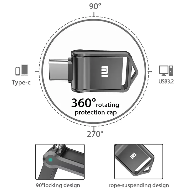 샤오미 USB 플래시 드라이브, 고속 휴대 전화 컴퓨터 상호 변속기, 휴대용 C 타입 인터페이스, 금속 U 디스크, 2TB USB 3.2