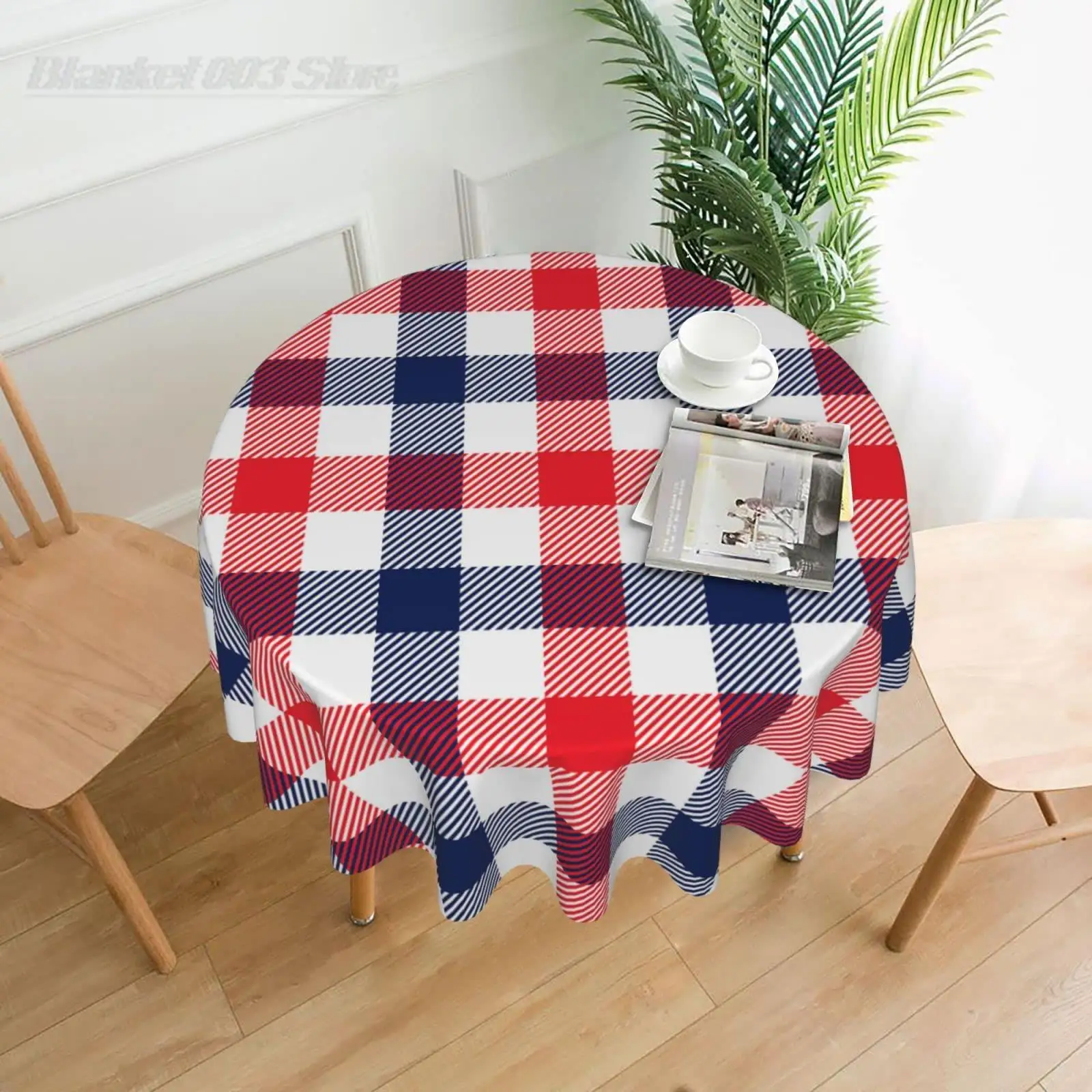 Navy Blue Red Checkered Tablecloth Round 60 Inch  Flag Plaid Table Cloth Waterproof Fabric Protector Patriotic Checked