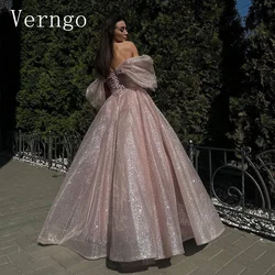 Verngo Glitter A Line Evening Dress For Women Shiny Party Dress Sweetheart Short Puff Sleeves Formal Occasion Dress