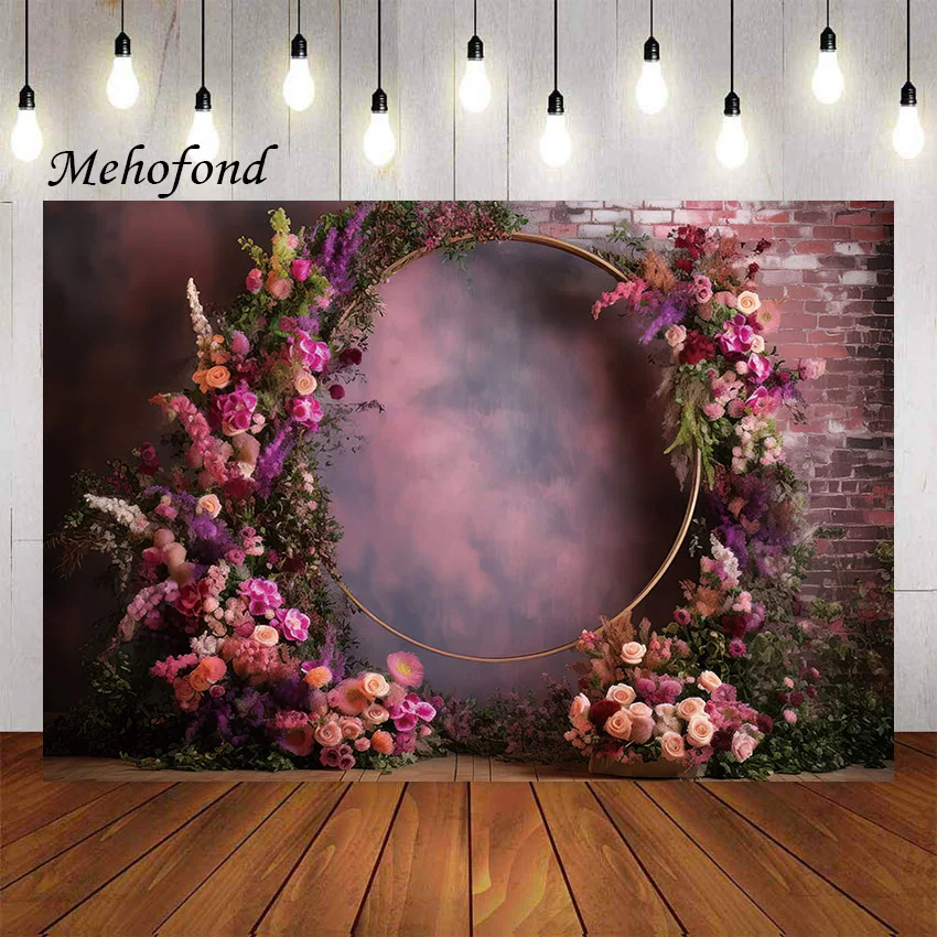 Mehofond Photography Background Round Purple Flowers Brick Wall Kids Birthday Party Wedding Portrait Decor Backdrop Photo Studio