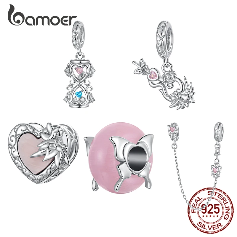 Bamoer 925 Sterling Silver Hourglass Charm Flower Elf Fairy Bracelet Pendant DIY Jewelry Accessories Gifts for Women Sister