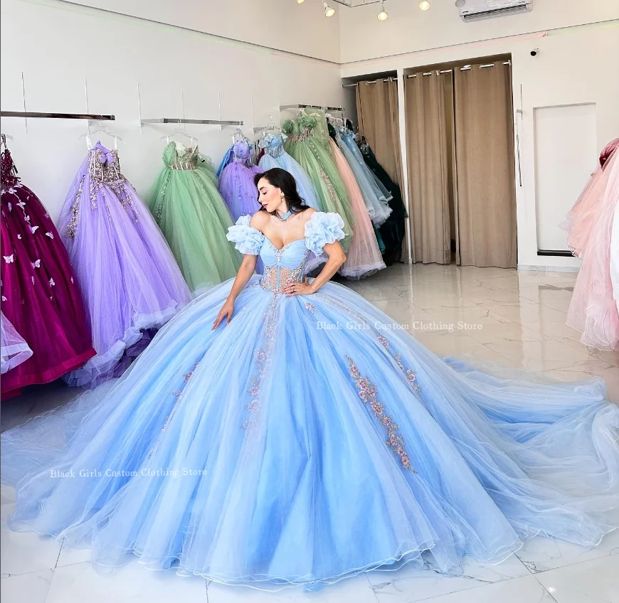 

Небесно-голубые платья принцессы Quinceanera 2024 мечтательная Кружевная аппликация из бисера мексиканский 16 сердечко корсет для часовни шлейф abiye