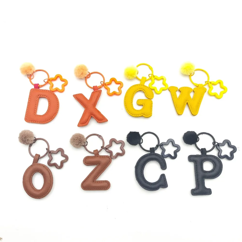 INS Versatile 26 Letter Cute Plush Pendant PU Leather Bag Car Keychain Star Buckle Multi-color New Keyring Wholesale Gift