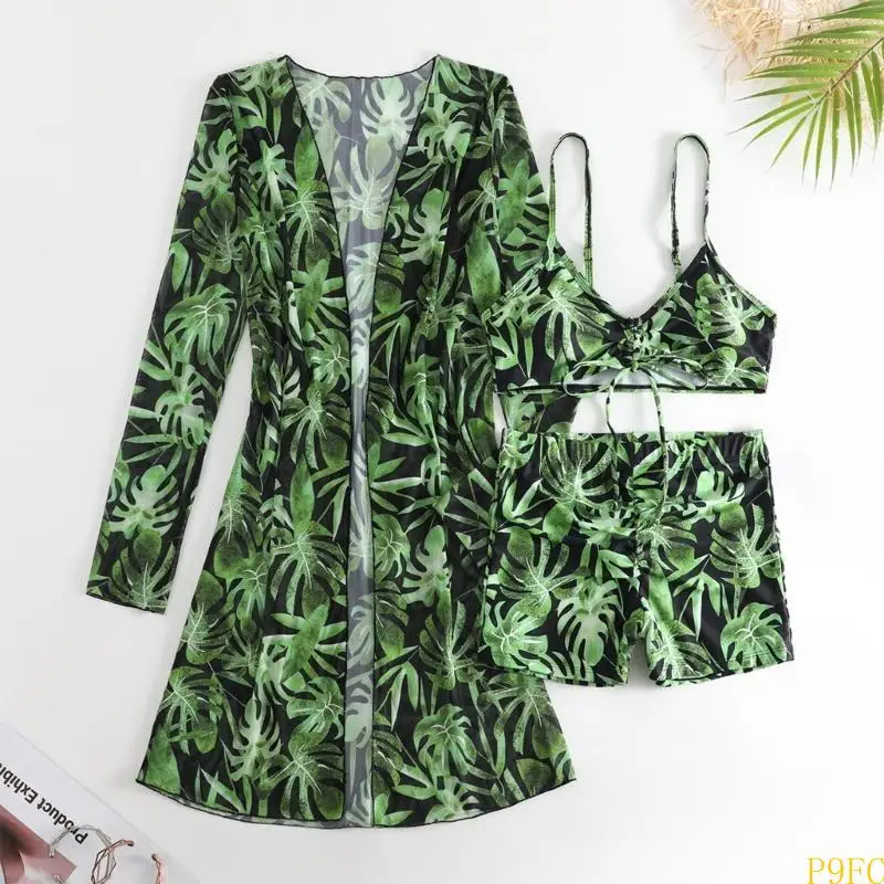 بدلة طباعة أزياء P9FC مجموعة للنساء ملابس السباحة مع التستر على الشاطئ Kimono High Weist Boyshorts زي السباحة المبطنة