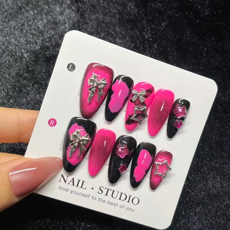 

10PCS Vintage Press on Nails Square Shape Dark Purple Black with Bow Pearl Holographic Butterfly Victorian False Nails Handmade