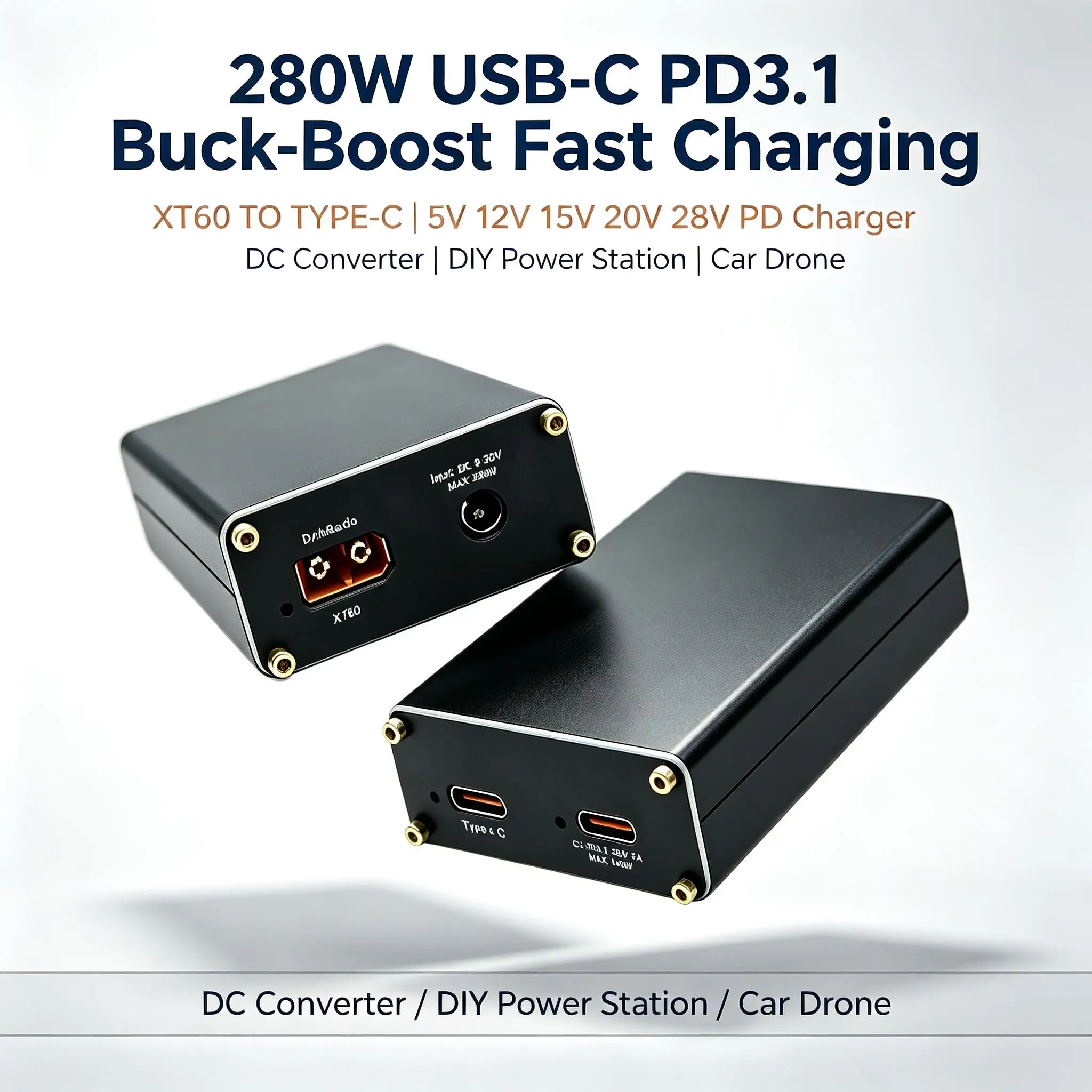 DYKB 280W Dual Type-C PD3.1 Fast Charging DC 9-30V XT60 TO USB PD 5V 9V 12V 15V 20V 28V for Car Laptop & Drone Battery Charging