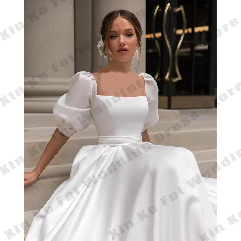 2025 Abiti da sposa moderni Boho Raso maniche corte Fiocco Colletto quadrato Appliques Abiti da sposa Abiti da sposa personalizzati