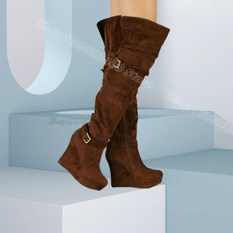 Botas plisadas aterciopeladas marrones, cuñas, tacones, punta redonda, cremallera lateral a la moda, vestido de fiesta de estilo británico, botas Para Mujer