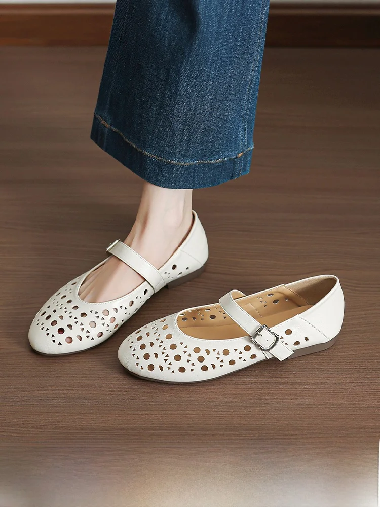 leather-version-breathable-hollow-out-ballet-mary-jane-shoes-women's-slip-on-fishing-net-single-shoes-fashionable-summer-flats