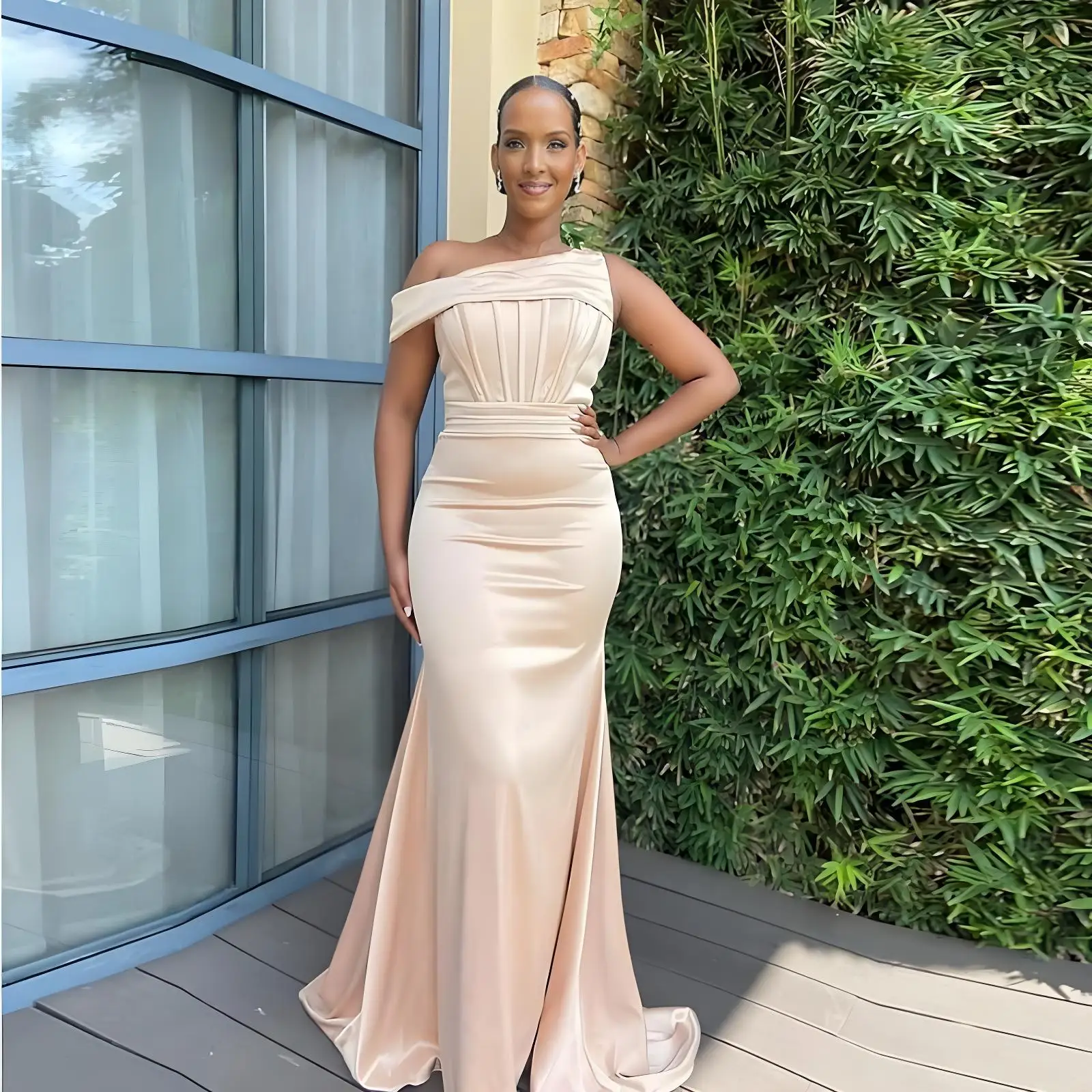 

Beshinel Customized One Shoulder Champagne Mermaid Bridesmaid Dresses Satin Wedding Party Gowns 2025 Vestidos De Fiesta