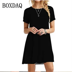 Casual Women Dress Summer Short Sleeve O Neck T Shirt Dress Simple Black Red A Line Mini Dress Vintage Solid Loose Dress Robe