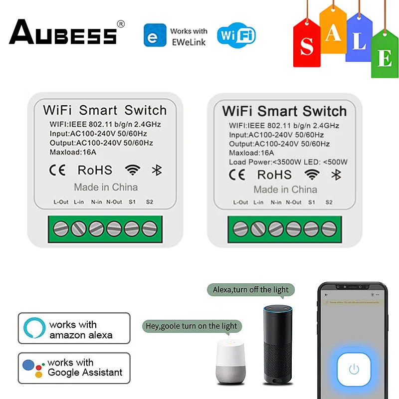 Aubess-Interruptor Inteligente EWeLink, Módulo de Relé Doméstico Inteligente, Suporte Controle de 2 Vias, Mini Interruptor de Luz WiFi, Trabalho Via