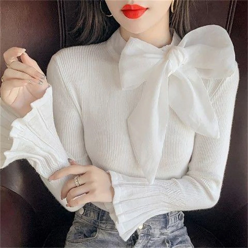 Women Trendy Bow Lace Up Elegant Chic Basic Knitwear Autumn Winter Half High Collar Solid Pullover Tops Slim Long Sleeve Jumpers