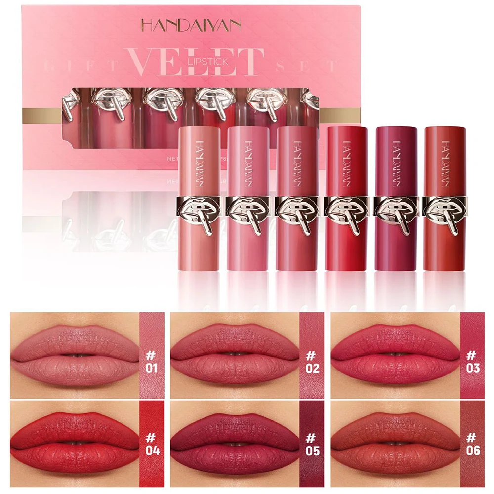 ชุดลิปสติกเนื้อแมท ลิปกลอส 6 ชิ้น/เซ็ต เนื้อกำมะหยี่เซ็กซี่ สำหรับแต่งริมฝีปาก กันน้ำ ติดทนนาน ไม่เหนียวเหนอะหนะ บำรุงริมฝีปาก เครื่องสำอาง