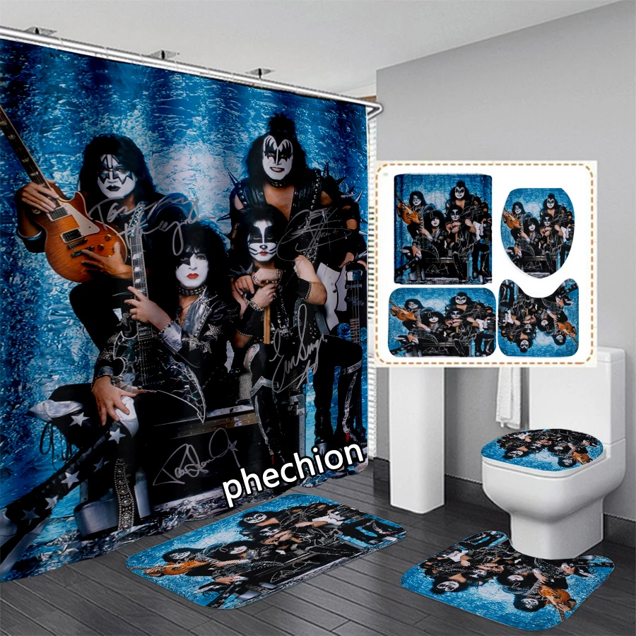 phechion Kiss Band 3D Print Waterproof Bathroom Shower Curtain Toilet Cover Mat Non-Slip Floor Mat (1/3/4Pcs) W74