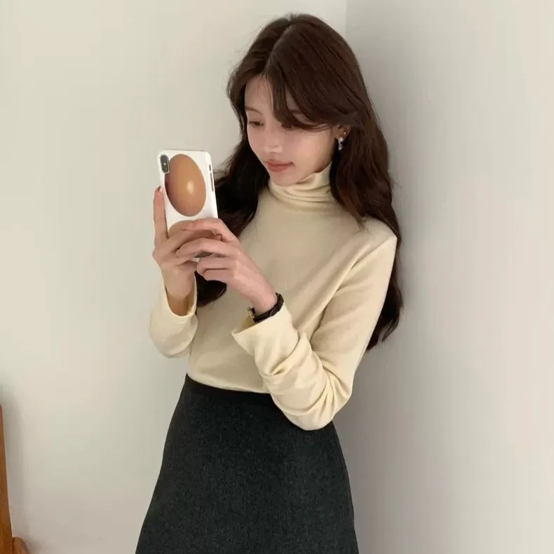 

Ele Pure Color High Collar Long Sve Base irt Women's Top Simple Sle Cotton T-irt for Winter Season