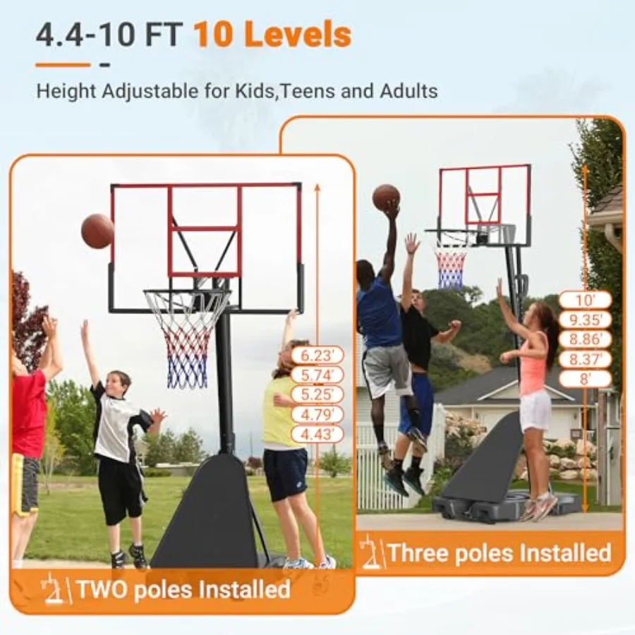 Outdoor and Indoor Basketball Hoop with 8-Level Adjustable Height from 4.4 to 10 Feet 45-Inch Shatterproof PC Backboard Durable