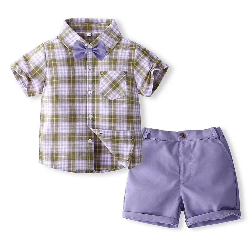 

3Piece Set Summer Kids Clothes Boys Korean Fashion Gentleman Plaid Short Sleeve Baby Tops+Shorts+Tie Children Clothing BC1814