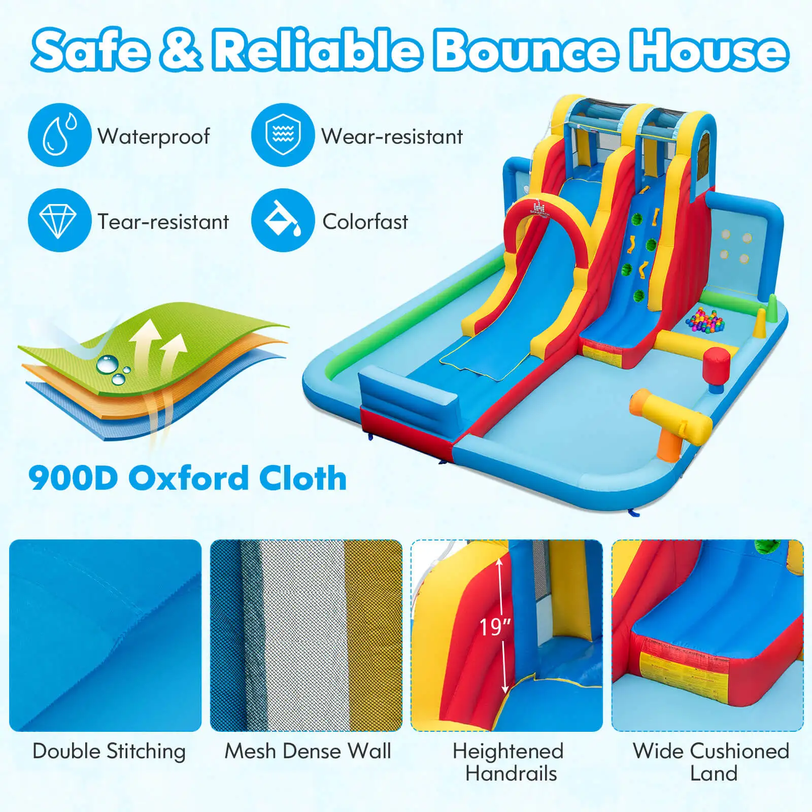 Inflatable Water Slide w/ Long Slide Climbing Wall Splash Pools with 735W Blower