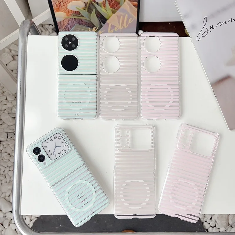 Stripe Bowknot Bracket Magnetic Phone Case For Huawei P50 Pura X Pocket2 Nova Flip Attraction Bracelet Chain Hard Back Cover