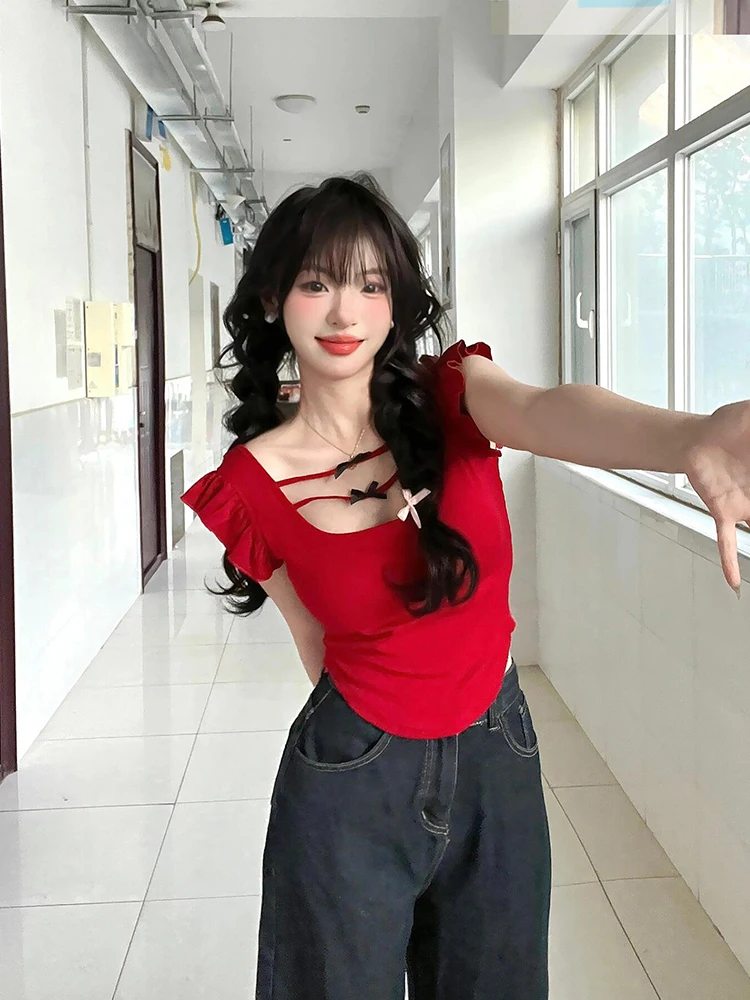 Sexy Short Sleeve T-Shirt Women's Summer Two-Way Wear Slim Fit Backless Hollow out  Knot  Top U-Neck Hollow Back