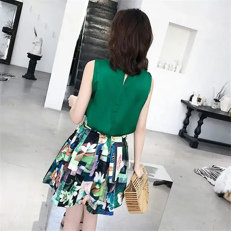 Mini Solid Color Dress Skirt Woman Outfit Mature Printing Short 2 Pieces Sets for Women Beach Formal Occasion New Matching Korea