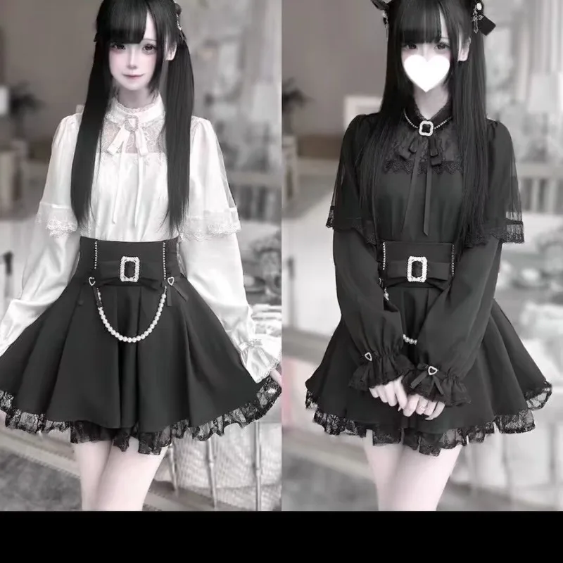 Darkly Series Lace Gothic Bow Shirt+Skirt Sets Spicy Girl Lolita Autumn New Japanese High Waist Skirt 2 Piece Set Women Colthes