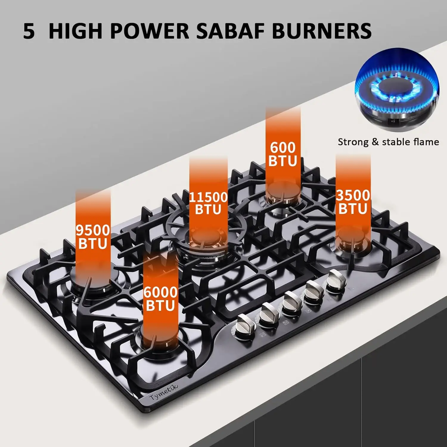 30 Inch Gas Cooktop Built-in Stainless Steel Gas Stovetop 5 High Efficiency Burners Gas Stove LPG/NG Convertible Hob (Black)