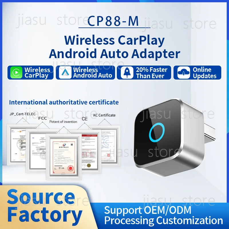 Ottocast Mini Cube Wireless CarPlay Adapter, 2‑in‑1 Car Multimedia Box for Android Auto OEM Factory Car Infotainment