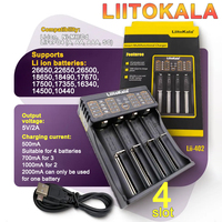LiitoKala Lii-402 Pro Charger: 4-Bay 2000mA Fast Charge, Type-C Input & USB Output, for 18650/21700/26650, 4-LED Battery Meter,