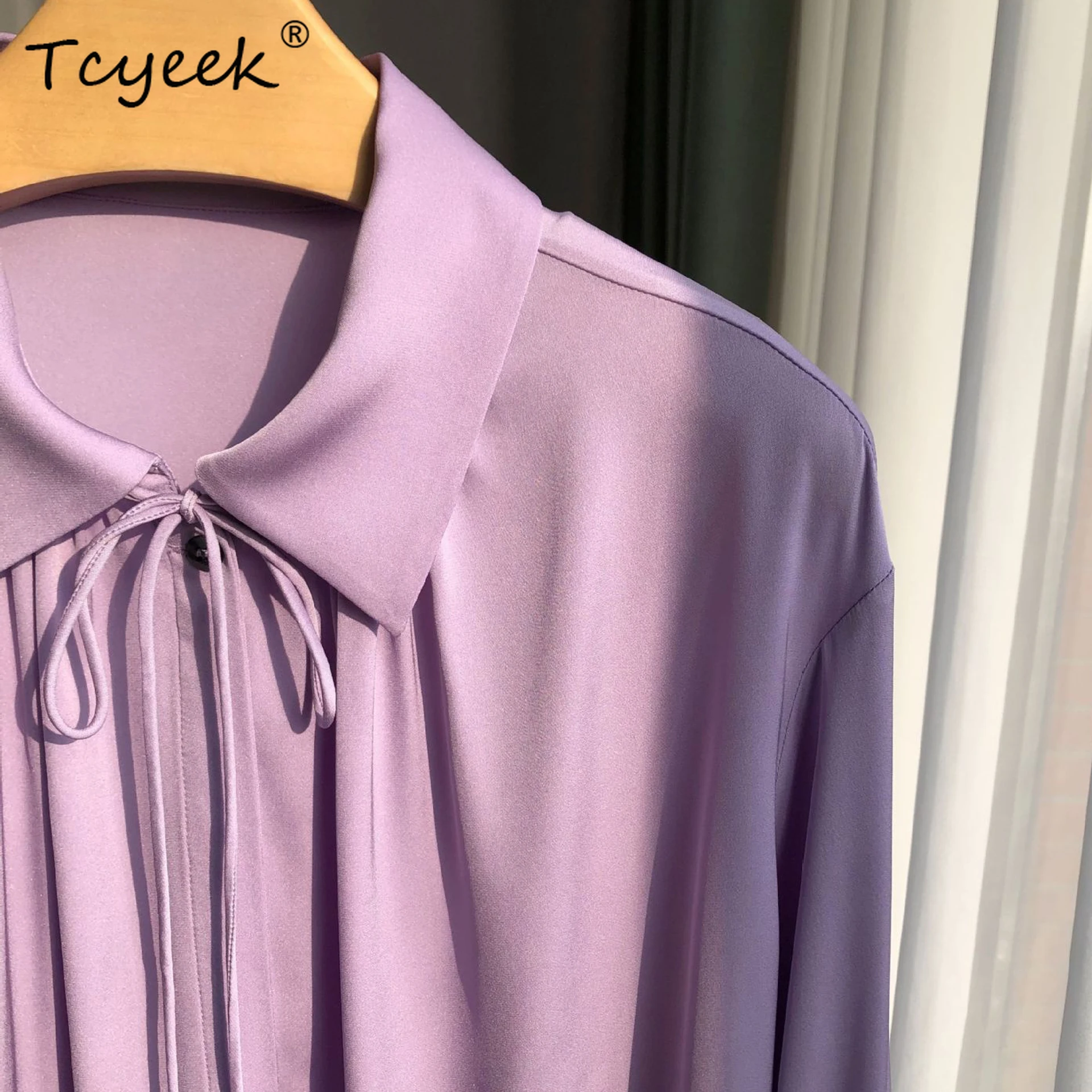 Tcyeek, elegancka koszula damska, długi rękaw typu latarnia, luźna bluzka codzienna, 95% jedwab, 5% spandex, kolekcja wiosna-jesień 2024 T4N932JC