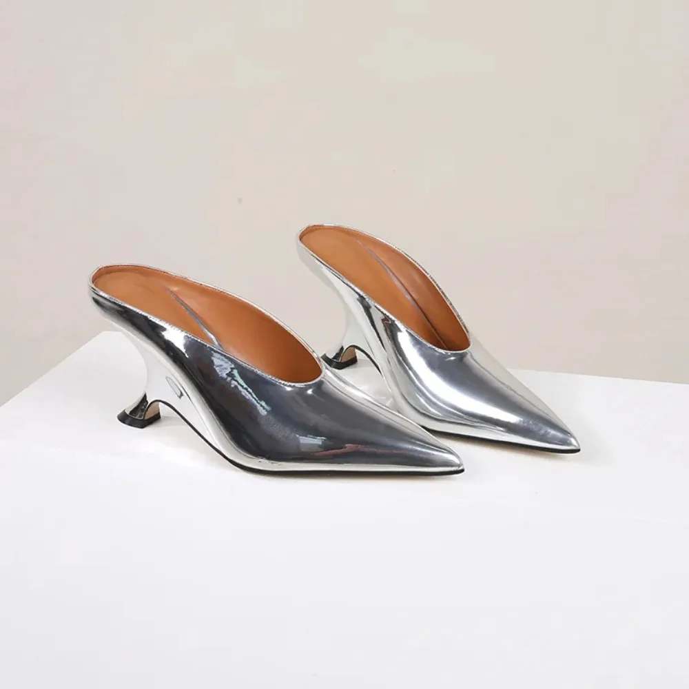 2026 Spring Premium Metallic Patent Leather Pointed Toe Mules Unique Sculptural Heel Comfortable for Party & Evening Occasion