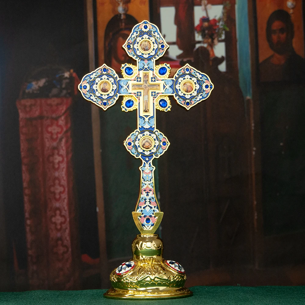 Luxuriöses Orthodoxes Christliches Geschenk: Vergoldetes Grünes Cloisonné-Standkreuz, Kirchenqualität, Altar-Kruzifix für Spirituelle Heimdekoration – Detail 18