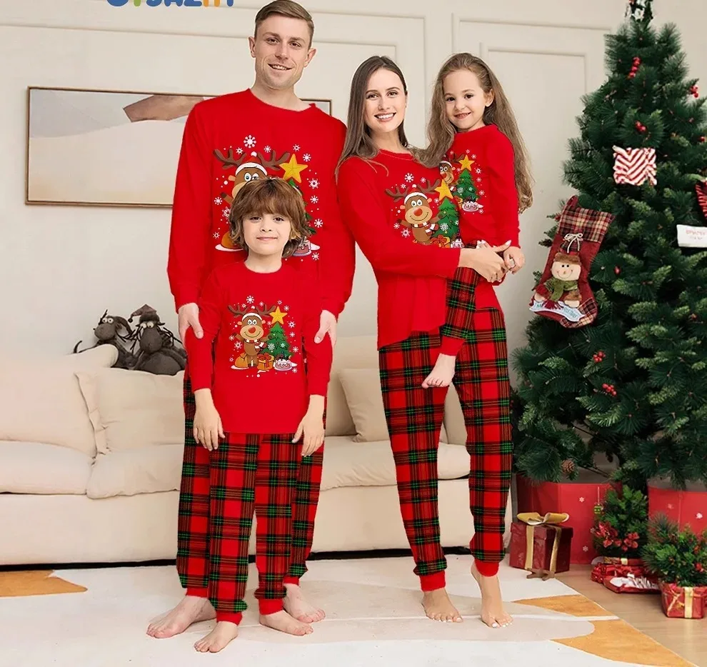 

Christmas Family Matching Pajamas Multiple Sizes 2D Print Deer Stars Tree Holiday Adult Kid Baby Dog Polyester Loungewear