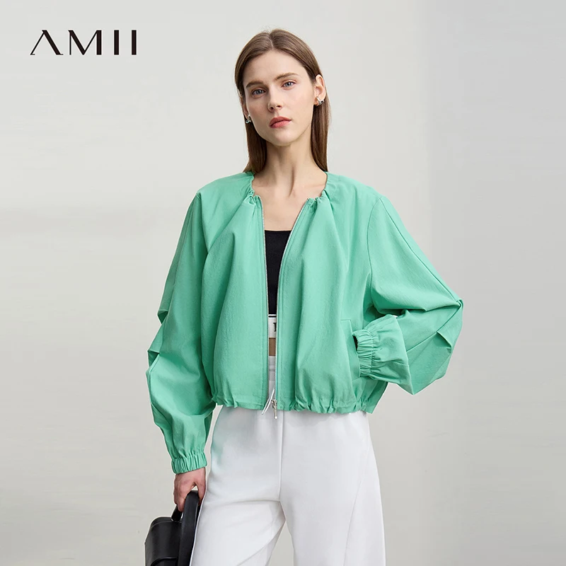

Amii Women's Jacket 2026 Spring New Round Neck Pleated Short Metal Zipper Jacket Women's Solid Loose Long Sleeve Tops 12621003