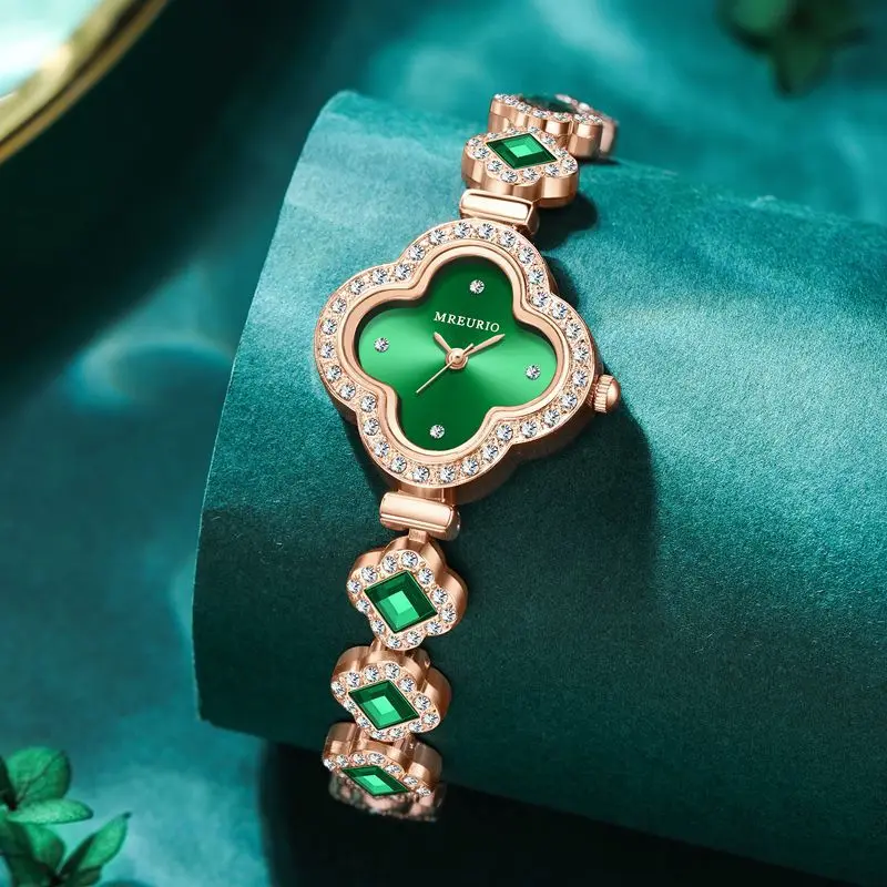 Women Quartz Watch Luxury Four Leaf Clover Bracelet Quartz Watches for Women Emerald Green Fashion Timepiece Female Wristwatch