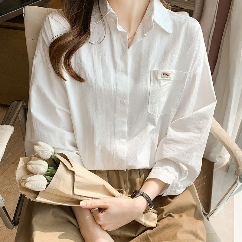

Pure Cotton Long Sve White irt Women's Commute Faion Loose Fit Top Layering irt Spring 2025 New Arrival