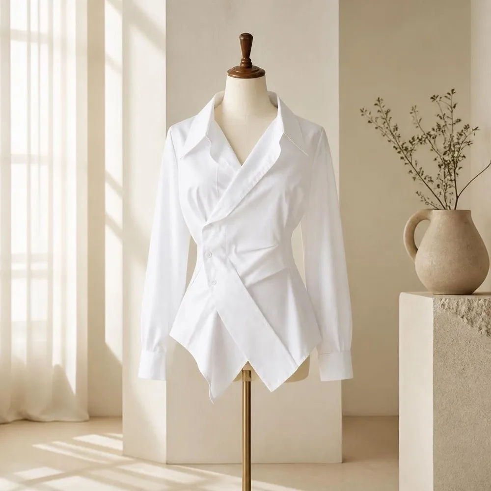 Modisches, asymmetrisches Langarmhemd mit tailliertem V-Ausschnitt, Damenbluse, schmal geschnitten, elegantes Oberteil, Business Casual – Detail 2