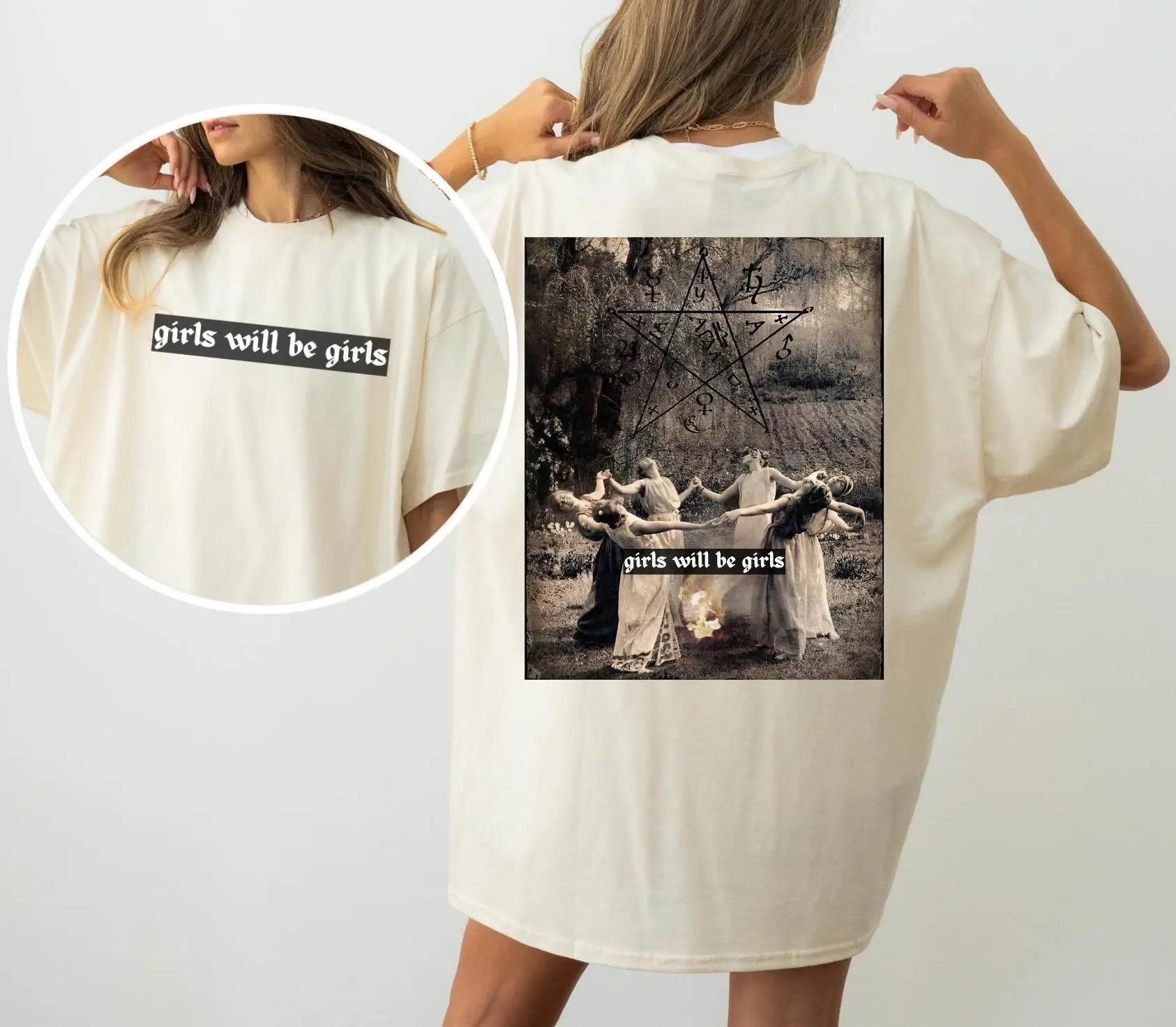 

Girls Will Be Witch Funny Shirt Back Of Print Halloween Comfort Colors T Vintage Style Spooky Oversized