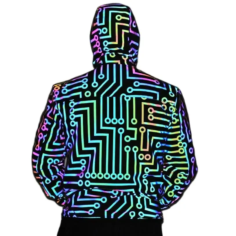 Men geometric circuit lines colorful reflective jackets hip hop windbreaker men's reflect light casual coats jaqueta masculina